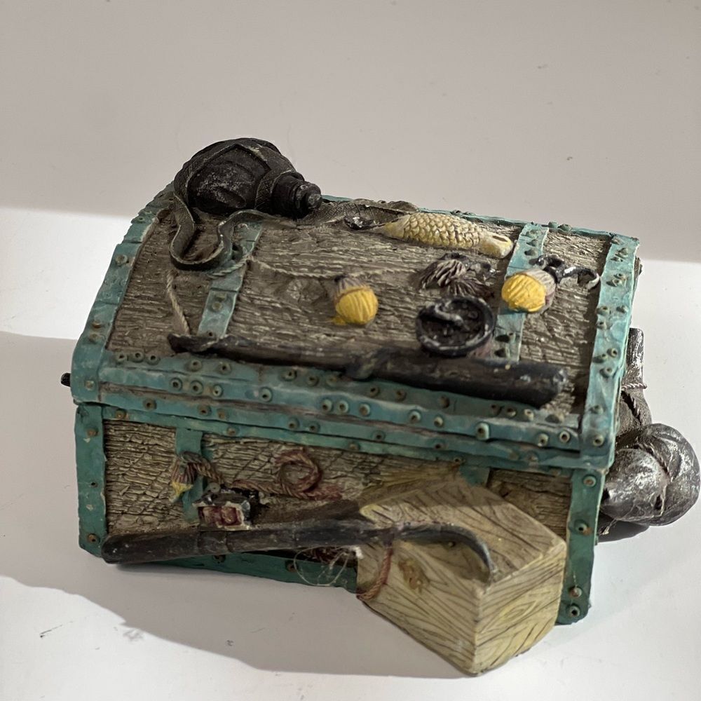 Vintage Rare Fish Hook Trinket Jewelry Box, Resin Fisherman Collectible